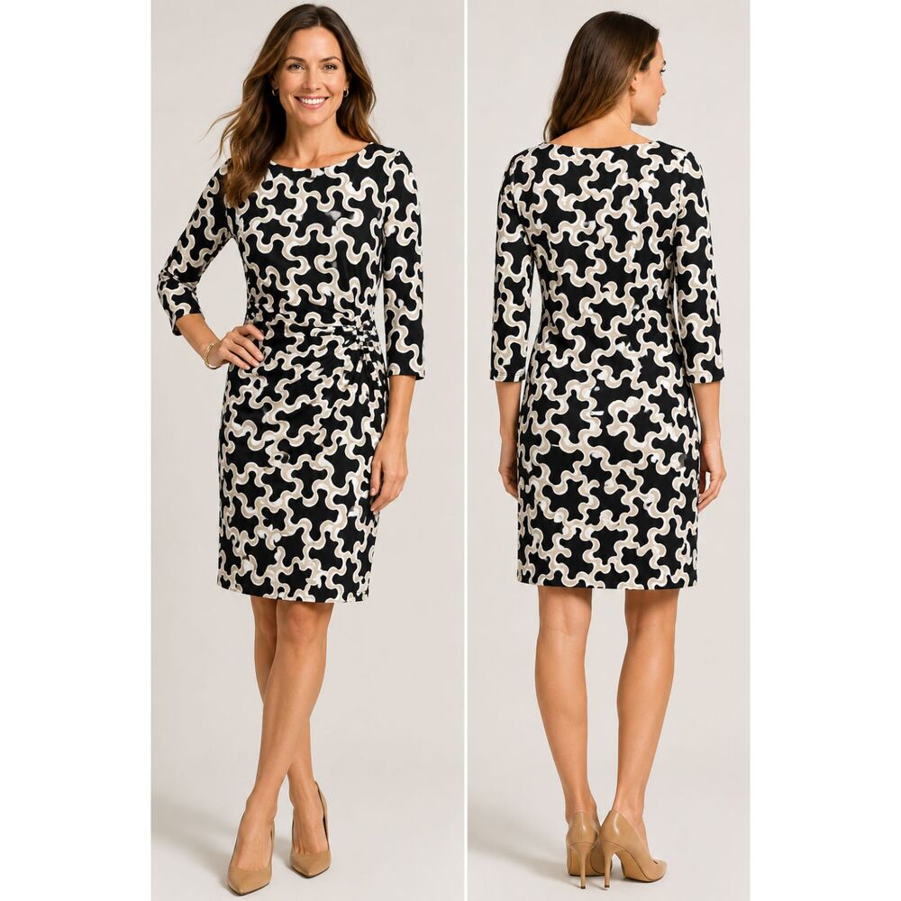 J.McLaughlin Catalina Cloth Geometric Puzzle Print Ruched Sheath Dress XL